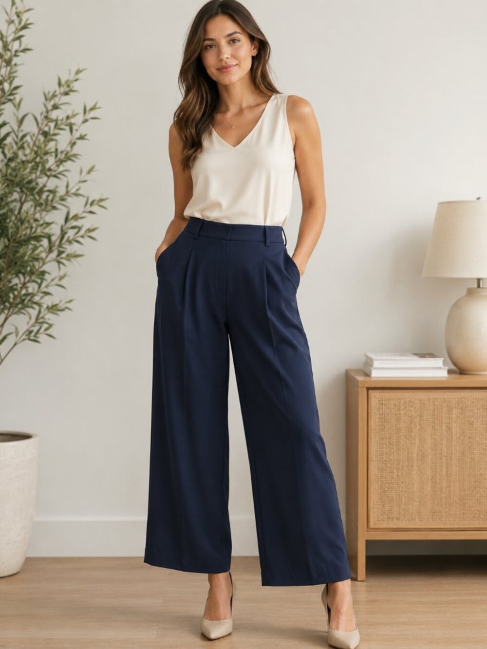 Nicole Miller, Wide Leg Dress Pants, Navy Blue 12P Petite NWT Stretch